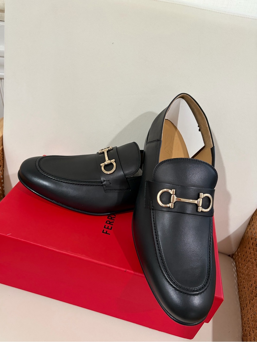 Salvatore Ferragamo Black Leather Loafers with Gold Horsebit